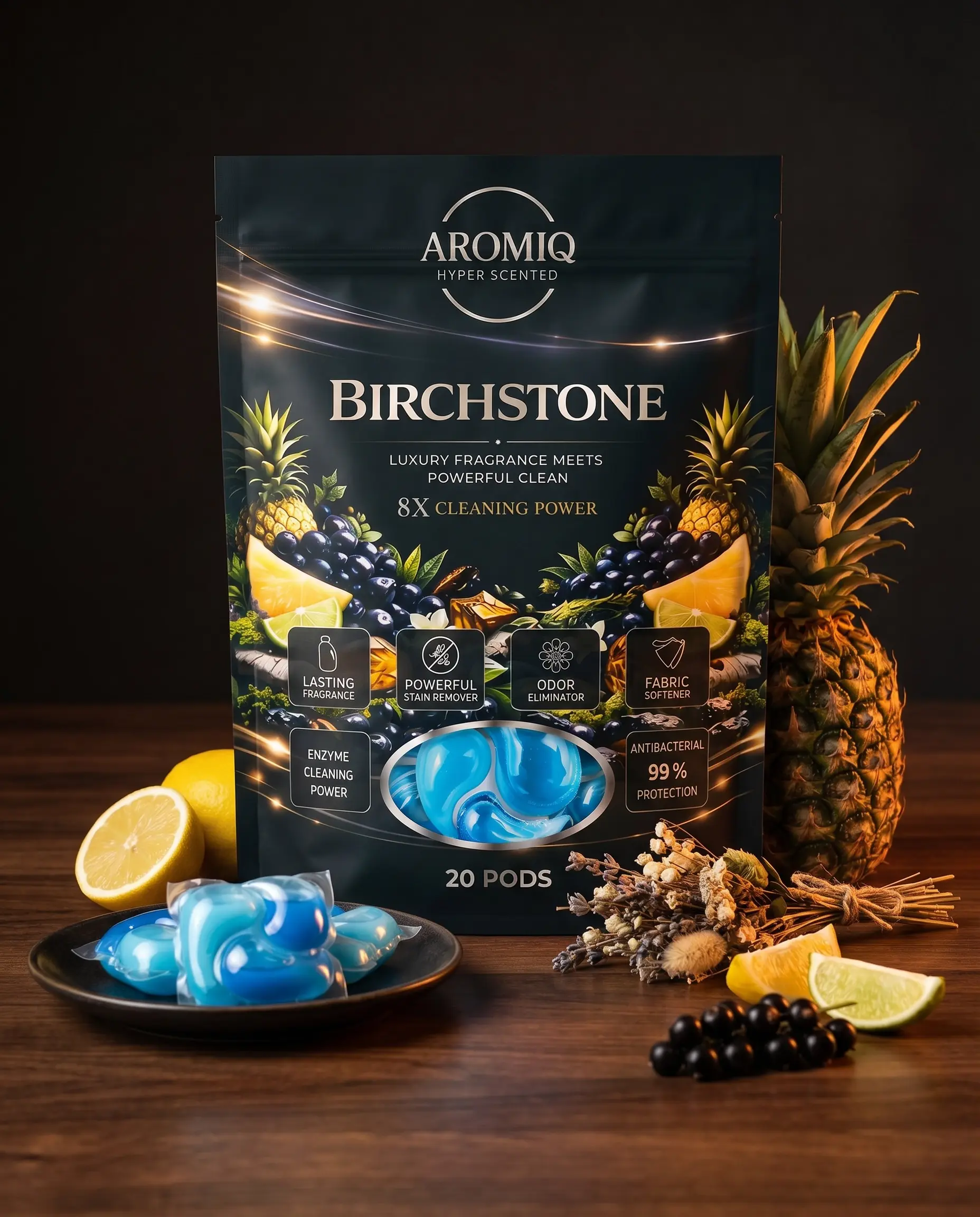 Aromiq Hyper Scented - Birchstone - 20 Count - Premium Laundry Pods: Ultimate Deep Clean & Luxury Fragrance Boost, 8x Concentrated Formula for Tough Odor & Stain Removal, High-End Designer Scent Laundry Pods