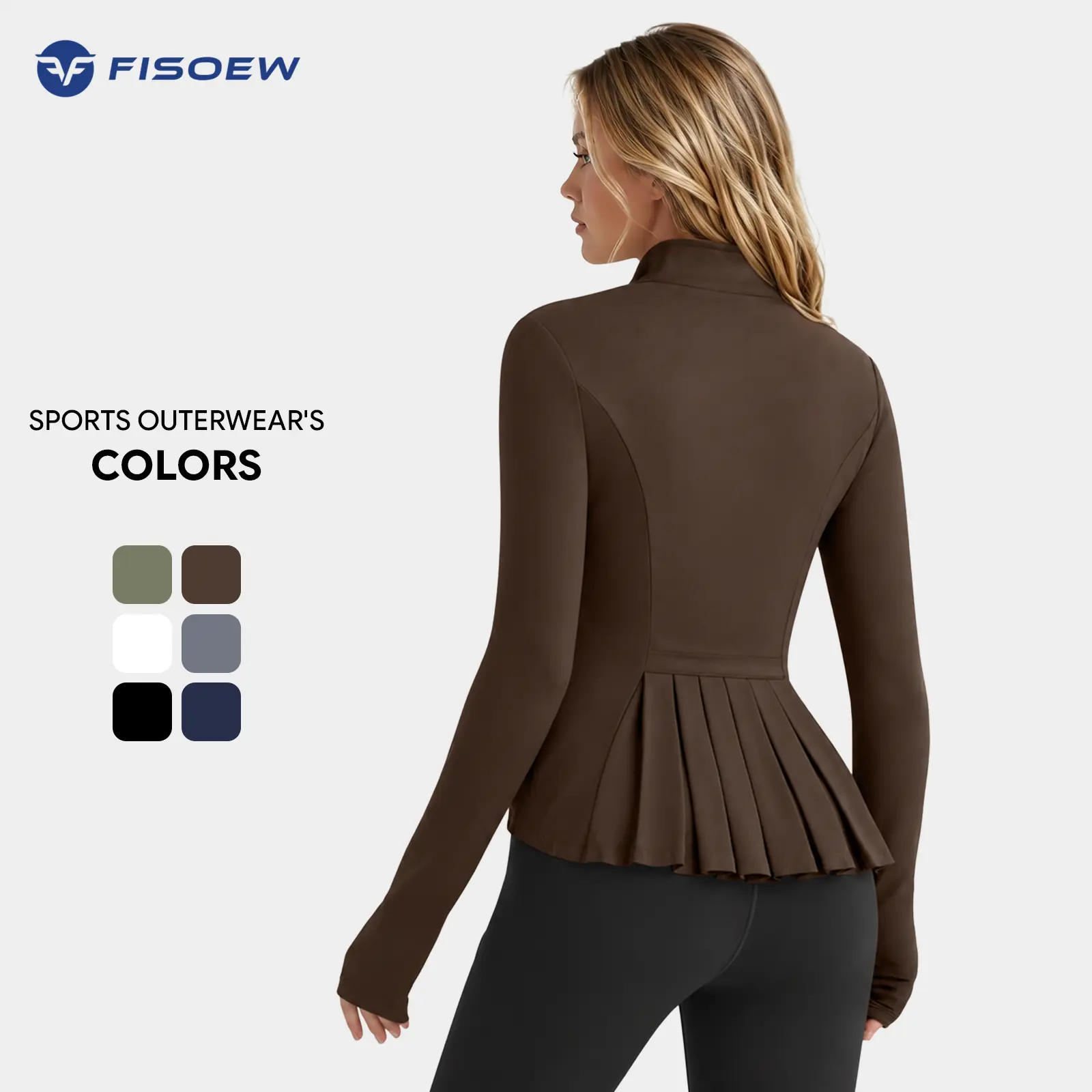 Fisoew Women's Zip-Up Sports Outerwear Jacket - 2026 Spring Summer Slim Fit, Pleated Lightweight, Stand Collar, Thumbhole Pockets, Gym Workout Running Clothing Gear