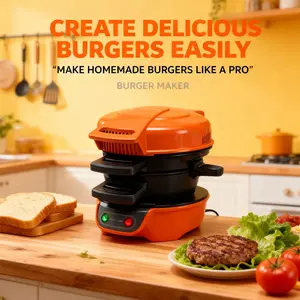 Orange Burger Maker, Crispy Patties in Minutes, Beginner-Friendly Professional-Quality Burgers at Home, One Press, One Grill, Juicy Burgers Made Easy
