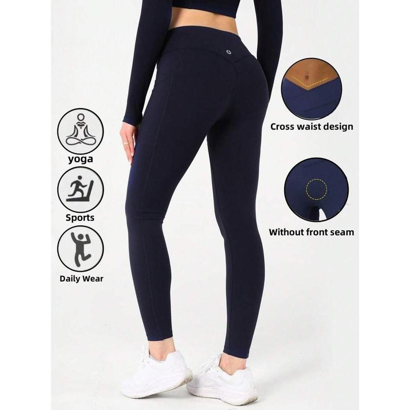 Women's V-Shaped Cross Waist High Waist Pocket Yoga Pants, Casual Solid Color Spandex Nylon Knitted Fabric, Soft And High Elasticityr