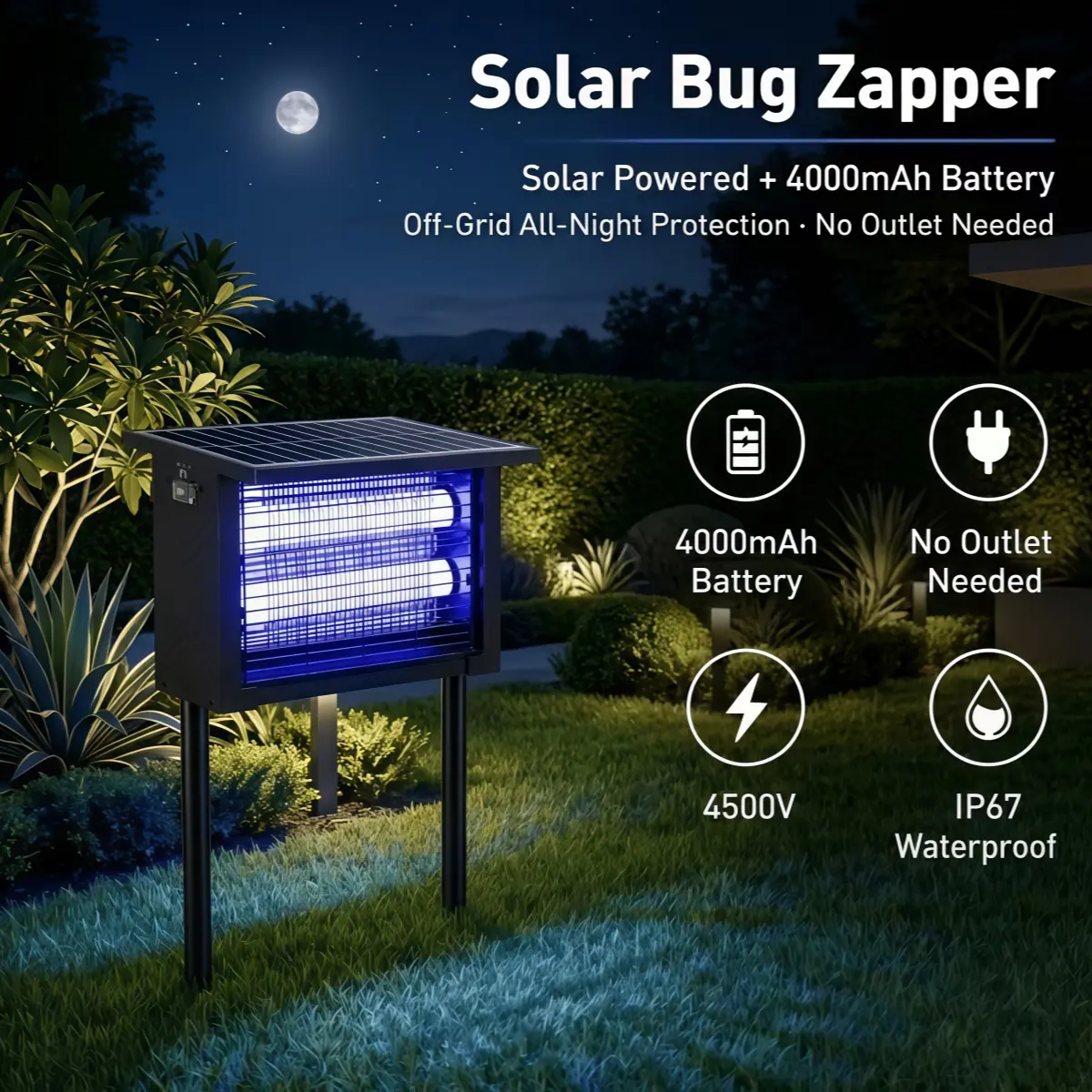 Solar Outdoor Bug Zapper Mosquito Killer Lamp - Large Size Cordless Waterproof IP68 Dustproof 4500V Pest Control Appliance, Durable Solar-Powered Trap for Backyards, Farms, Gardens, TikTok Mid Year Sale Gear