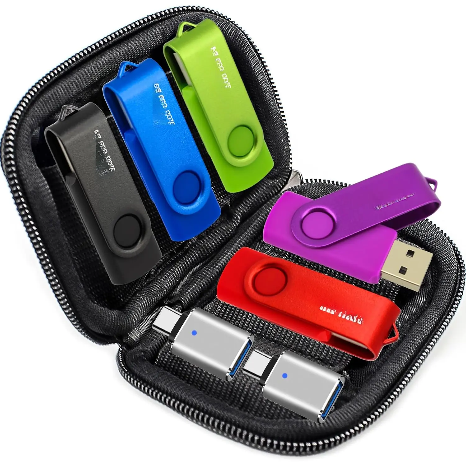 5 Pack 64GB USB Flash Drive and 2 Pack USB C Adapters in a Case, Thumb Drives Memory Stick Storage and Backup for  Phones with Type C Port, Laptops, PC(5 Colors) (64, GB)