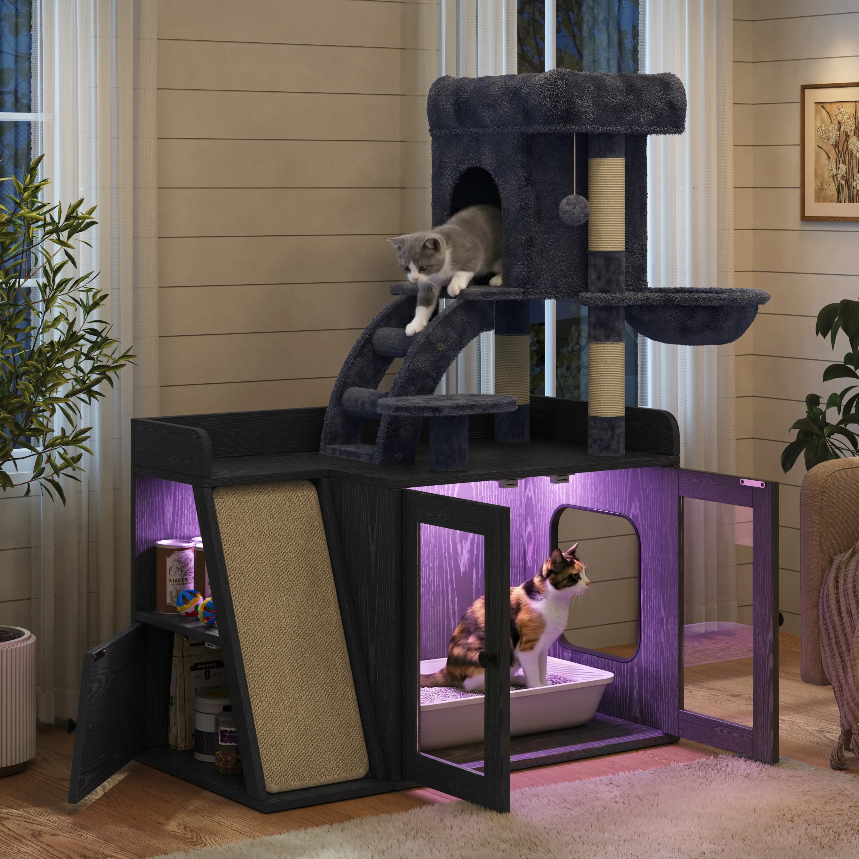 Black MDF Wood Modular Cat Litter Box Enclosure - All-in-1 Cat Furniture with Cozy Condo Top, RGB Lights, Sisal Posts, Odor Control, Scratching Board, Side Storage Bin, Multi-Level Tree Platform, Home Litter Station