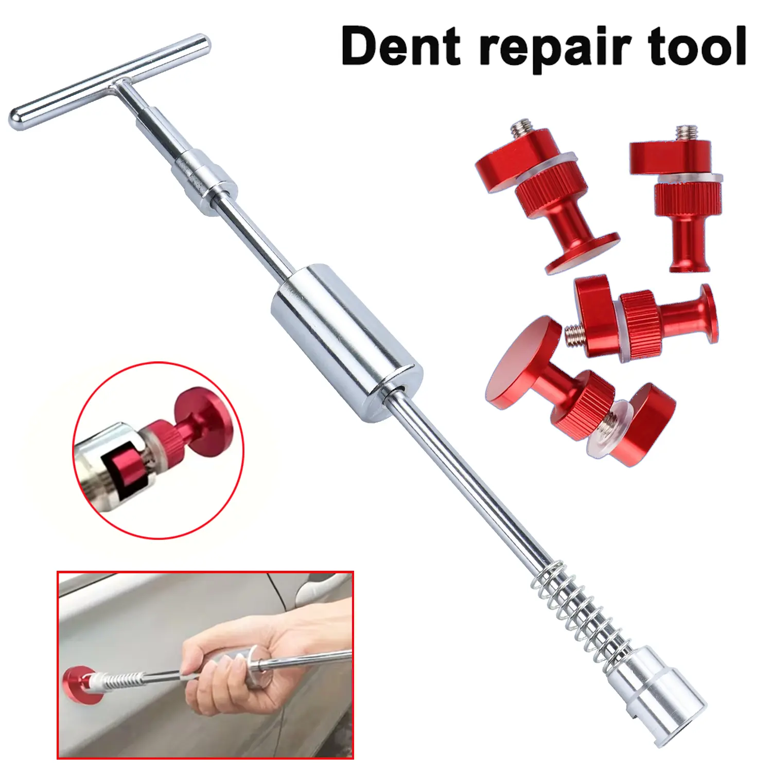 Car dent puller metal T dent repair tool car repair sheet metal kit slide hammer counter hammer+4 durable aluminum alloy material gaskets, suitable for repairing hail damage to the car body puller tool set