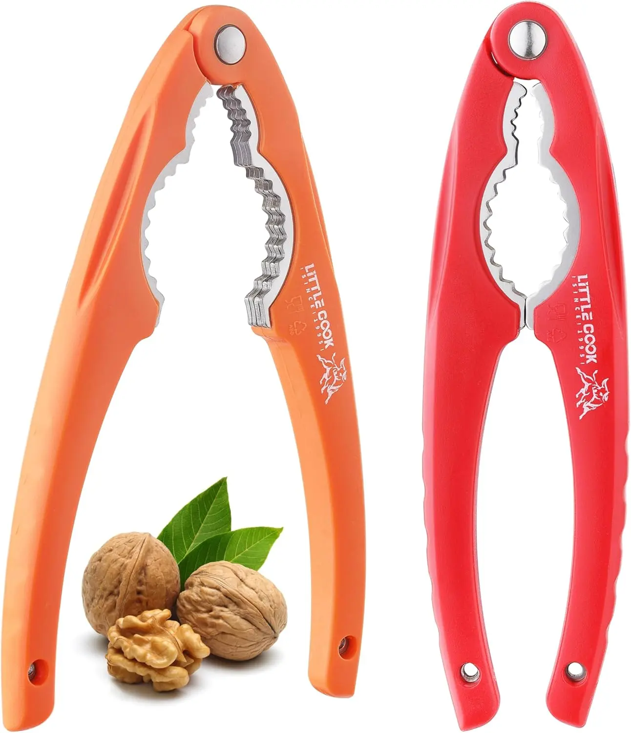 2 count NutCracker,   Stainless Steel Nut Crackers for  Nuts, Nutcracker Tool for Walnet, Chestnut, Chestnut, Crab, Lobster and More,  Plastic Handle (Bull , Orange + Red)