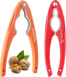2 count NutCracker,   Stainless Steel Nut Crackers for  Nuts, Nutcracker Tool for Walnet, Chestnut, Chestnut, Crab, Lobster and More,  Plastic Handle (Bull , Orange + Red)
