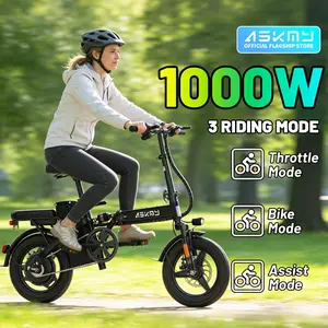 ASKMY E14 Urban Folding Electric Bike, 1000W Peak Motor, Up to 45 Miles Long Range | 14" Tubeless Tires, Dual Disc Brakes | UL Certified Removable Battery, Lightweight Compact Design for Urban Riding