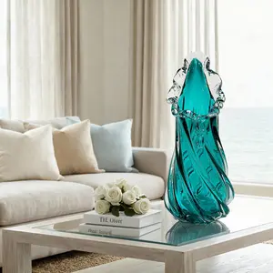 Hand Blown Glass Flower Vases Unique Wide Mouth Modern Art Deco for Home Living Room Office Table Centerpieces Bookshelves Wedding Decorations Peacock Bottle Emerald Box