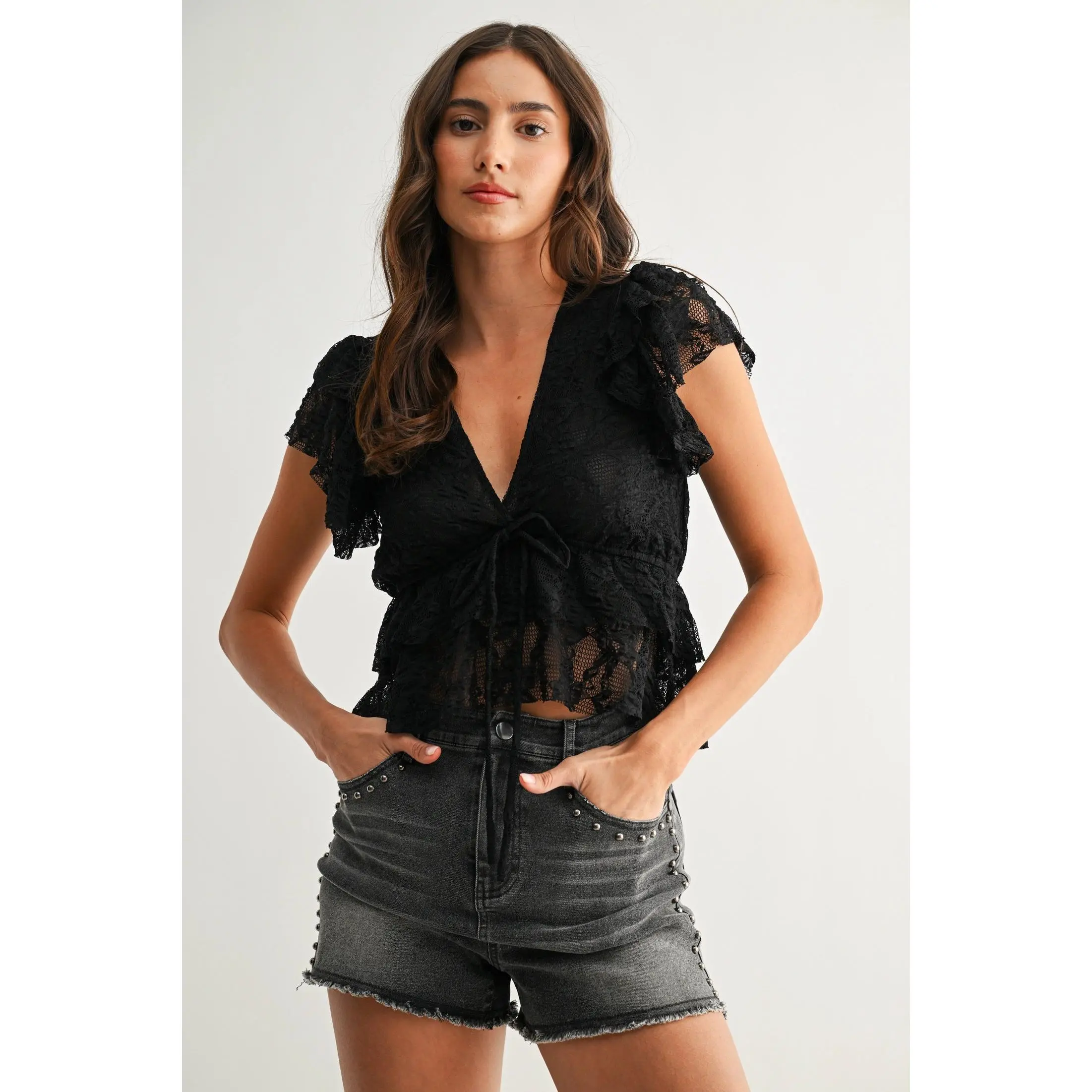 Women's Victorian Style Lace Blouse - Elegant Semi-Sheer Long Sleeve High Neck Top with Lace Front Ruffle Tie Detail, Ornate Ruffle Blouses & Shirts, Lace Front Ruffle Tie Detail Blouses & Shirts