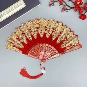 Handheld Chinese Folding Fan Hand Fans,Folding Fan-Elegant Flower Chinese Folding Fan, Handheld Fan with Smooth Foldable Design,Elegant Vintage Retro Flower Rose Lace Handheld Chinese Folding Fan For Women Foldable Bulk for Party Wedding Church Dancing