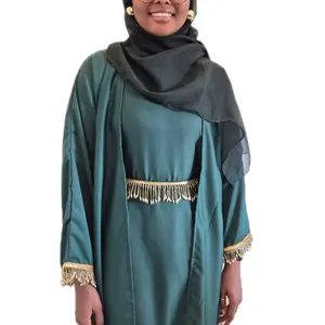 Green Glamour Dubai Abaya with Gold Fringe Trim and Elegant Black Shawl