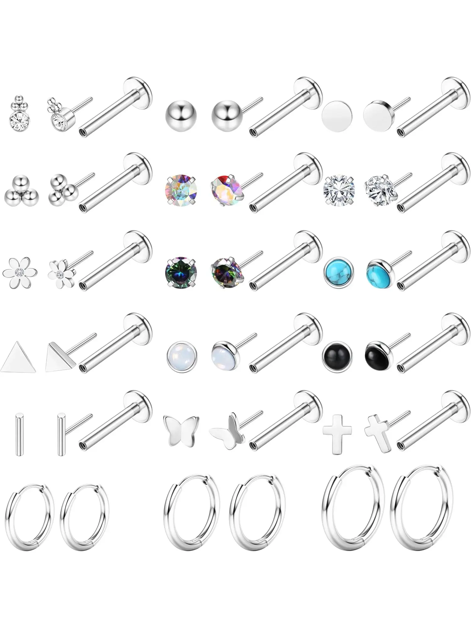 18 Pairs 20G Threadless Flat Back Earrings for Women Men - Hypoallergenic Surgical Steel Push in Nose Stud Rings Labret Cartilage Lip Rings Medusa Nostril Conch Tragus Piercing Jewelry Nose Piercings Kit Body Piercing Jewelry Labret Studs