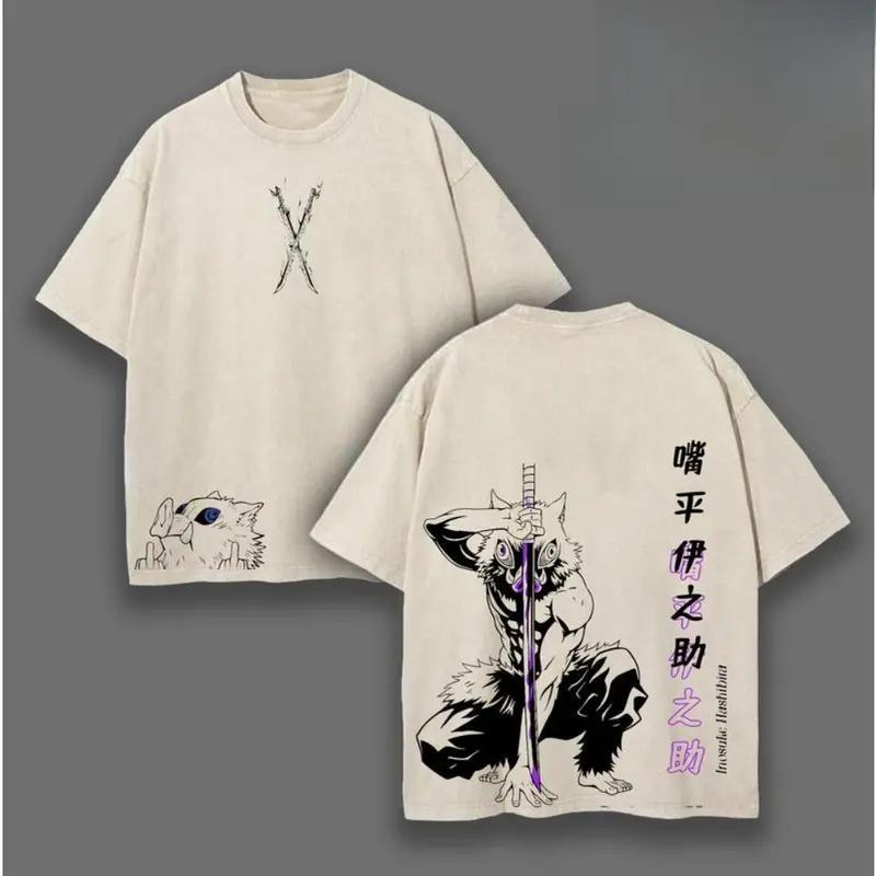 Retro Vintage Inosuke Hashibira - Demon Slayer Anime Double Printed Vintage Washed Tee Unisex Oversize Anime Manga Washed Heavyweight Cotton T-shirt, Gift For Anime Fan, Anime Lover Unisex 100% Cotton T-shirt