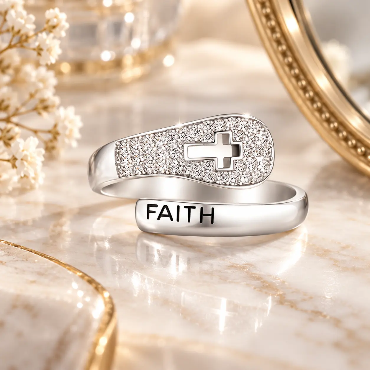 Adjustable Cross Ring for Women, Silver Rhinestone Cross Ring, Open Faith Ring, Christian Religious Jewelry for Everyday Wear
