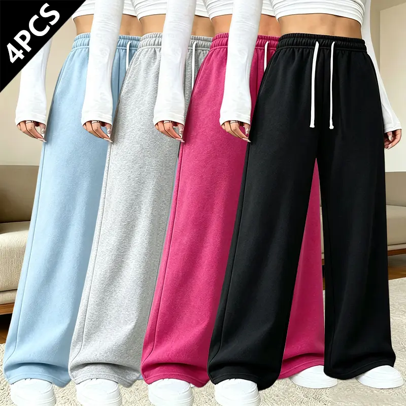4-pack women’s casual pants, simple drawstring joggers for all seasons, straight-leg casual wear suitable for everyday use, travel, and streetwear.