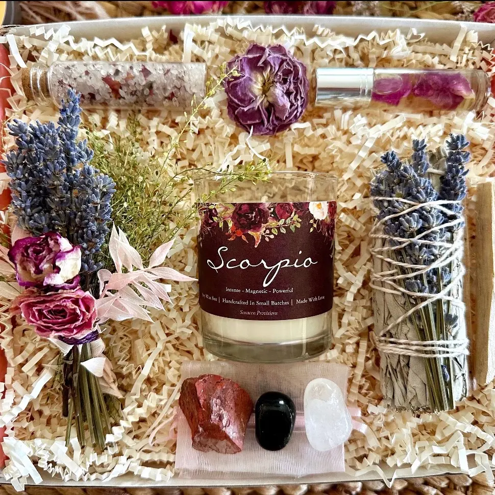 Scorpio Zodiac Astrology Crystal Gift Box with White Sage, Palo Santo, and Natural Stones