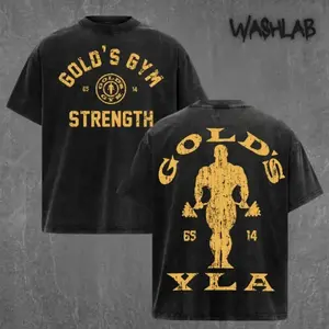 Retro Gold Gym Pump YoungLA Graphic Tee Washed – Double Sided Print Oversized Acid-Washed Heavyweight Cotton T-Shirt – Unisex Bodybuilding Tee, Perfect Gift for Muscle Gym Fans and Lovers Menswear Tops PGE