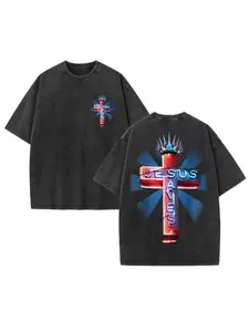 Jesus Saves Neon Thorn Crown Cross Cyber Glow Effect Graphic Double Sided Washed T Shirt Mini Front Matching Cross Logo Futuristic Christian Salvation Streetwear Casual Unisex Oversized Graphic Tee washed graphic tee plus size