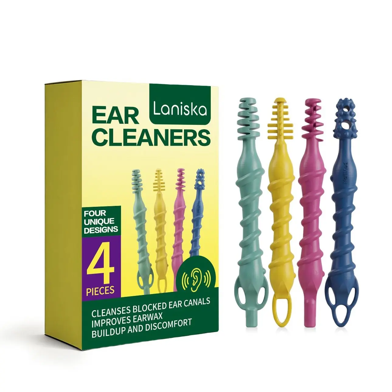 Silicone Ear Wax Removal Tool Set, 4 Pcs Reusable Ear Cleaners with Spiral and Scoop Tips, Washable Ear Pick Kit for Adults, Portable Outer Ear Cleaning
