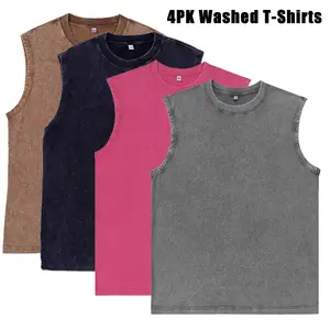 4 Pack Men's Oversized Tshirts Sports Vintage Heavy Cotton Tshirt Washed Loose Fit Athletic Tee Sleeveless Vest