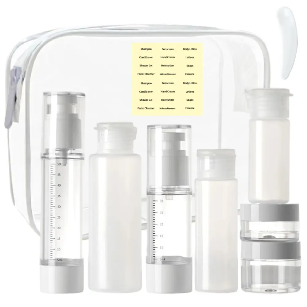 7 pcs Travel Bottles Kits Leak Proof Refillable jar Clear Cosmetic Makeup Liquid Containers for Toners, Creams, and Oils