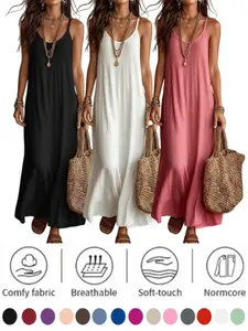 2026 Women's Bohemian Vacation Dress, Loose Fit V-Neck Halter Top, Solid Color, Casual Summer, Comfortable and Stylish, Boho