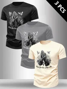 Hot Selling Cow Head Print Round Neck Short Sleeve T-Shirt, Casual Fitted Long Graphic Tee, Daily Wear, 3 Pack