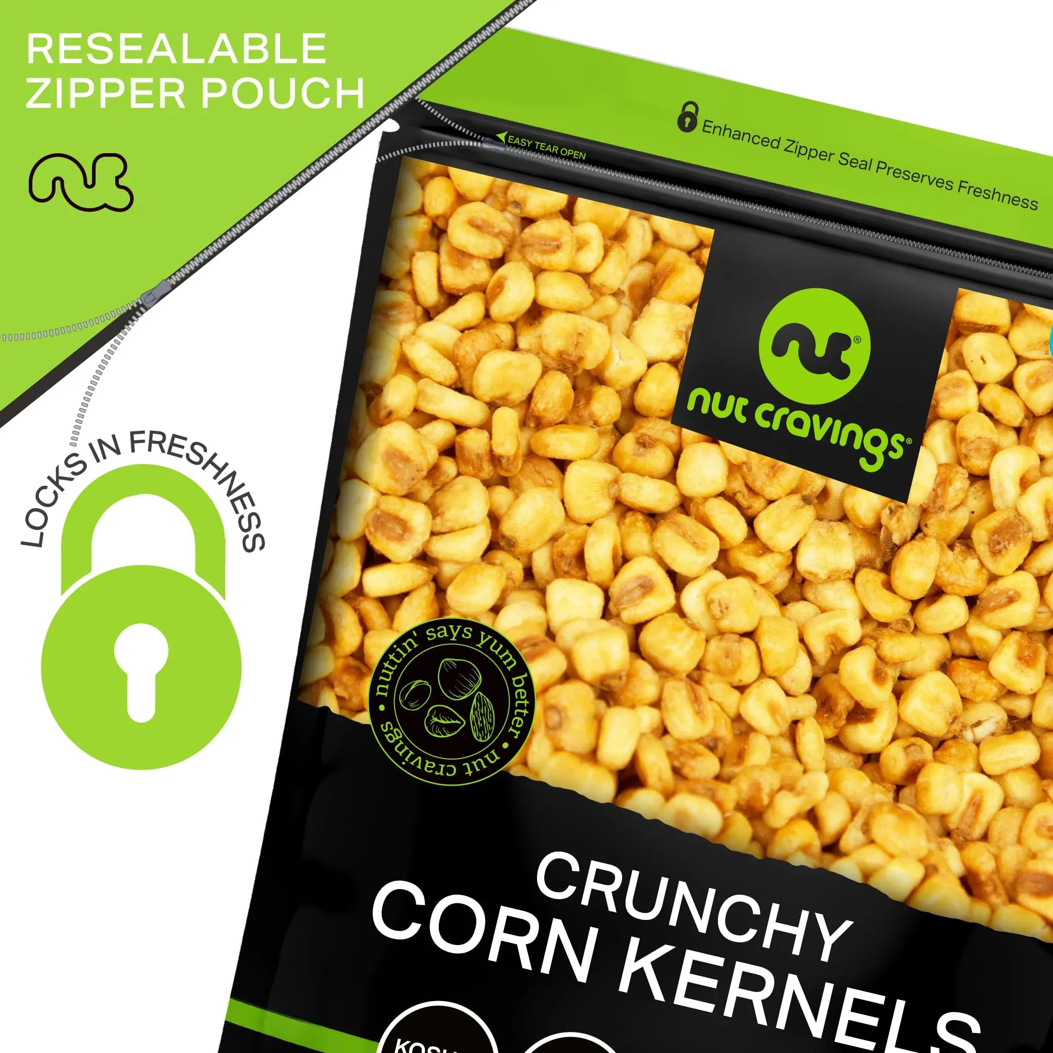 Nut Cravings Roasted Corn Nuts - Crunchy Savory Vegan Kosher High Protein Fiber Snack, Plant-Based, Sugar Salt Flavored, Resealable Bag, Healthy Keto Friendly