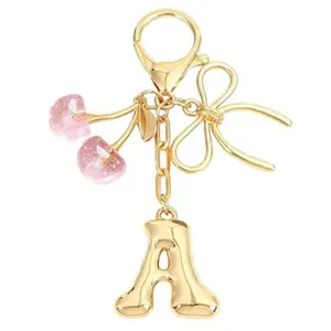 Bubble Initial Keychain with Bow & Cherry - Gold Letter Bag Charms for Women, Cute Purse Handbag Accessories