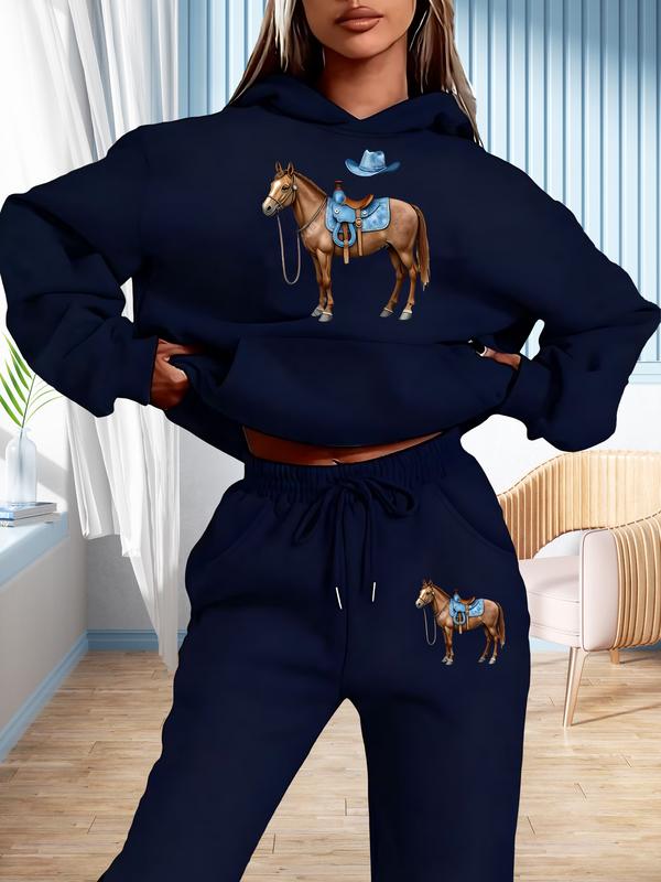 Western Style Horse Cowboy Hat Women's Sportswear Set, Vintage Western Art Print, Casual Fall & Winter, Comfortable All-Season Wear