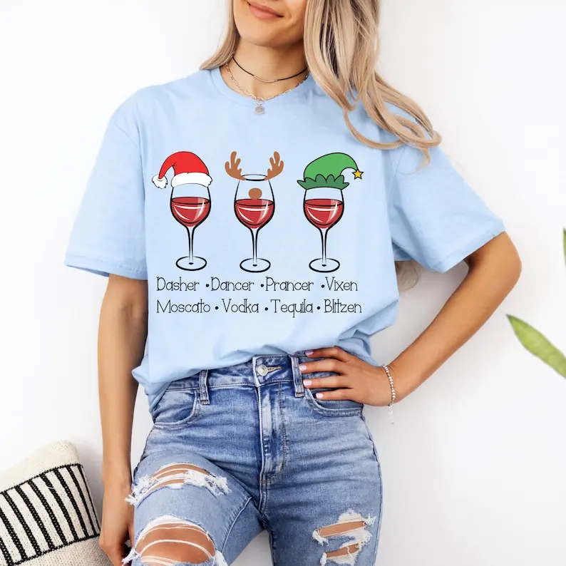 Gildan 64000 Christmas Drinking Shirt, Dasher Dancer Prancer Vixen Moscato Vodka Tequila T-shirt, Funny Holiday Party Shirt, Merry Christmas