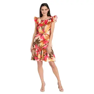 Floral Ruffle-Sleeve Linen Dress - Petite