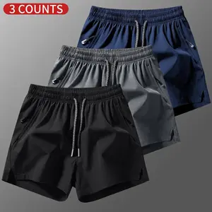 3-pack men’s solid-color casual shorts with zippered pockets; summer fashion drawstring athletic shorts suitable for fitness and outdoor wear—ideal for camping, hiking, cycling, and running workouts.