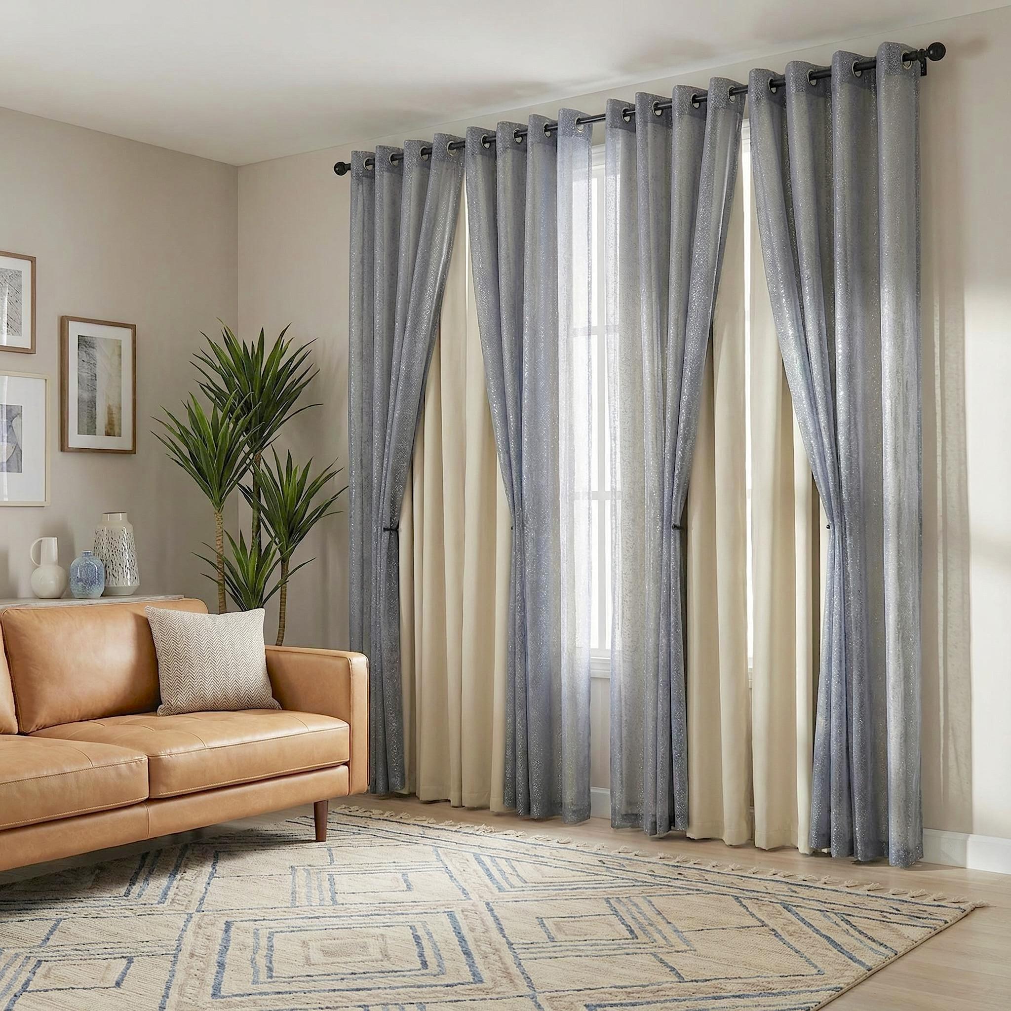 Curtain Club 8 Panels 52x84inch Curtain Fabric + Chiffon Set: 4 panels are plain blackout fabric, 4 panels are chiffon. With silver heat transfer finish, allowing light to pass through. The set can provide both blackout and decorative effects. FT2599+L28