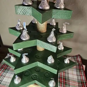 Handmade Wood "Kissmas" Christmas Tree Candy Display - Festive Green Star-Shaped Tiers for Holiday Decor - 16 Inches Tall - Perfect for Gifting & Party Displays