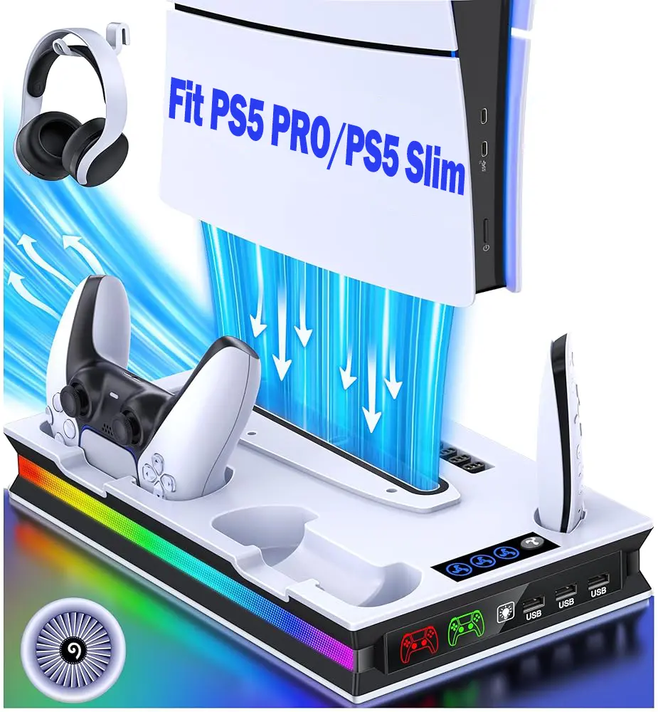 PS5 Slim Vertical Stand Complete Kit - Turbo Cooling Station with Dual Charger, 3-Level Cooling Fan, 3 LED Light Modes, USB Hubs, Magnetic USB Game Accessory, Cable Holder, Remote Slot, Aesthetic Design for PS5 Pro/Slim Digital & Disc Consoles