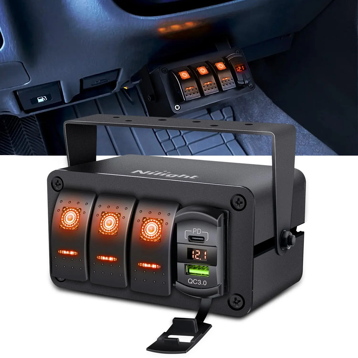 Nilight 3-Gang Detachable SPST ON-Off Toggle Switch Box - 12V/24V, Rotatable Aluminum Mount Bracket, PD Type-C & QC 3.0 USB Socket, Voltmeter, Orange LED, Waterproof, Dustproof ABS, Pre-Wired for Boat, Car