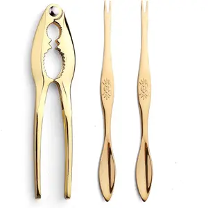3 Pcs Gold Lobster Crackers and Picks Set, Stainless Steel Seafood Crab Leg Cracker Tools, Nut Cracker Set with Crackers & Forks for Seafood and Nuts, Includes 1 Nut Cracker and 2 Gold Picks