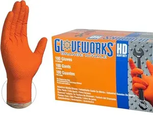 GLOVEWORKS HD Orange Nitrile Gloves, 8 mil Nitrile Disposable Gloves with Raised Diamond Texture, Mechanic Gloves Disposable