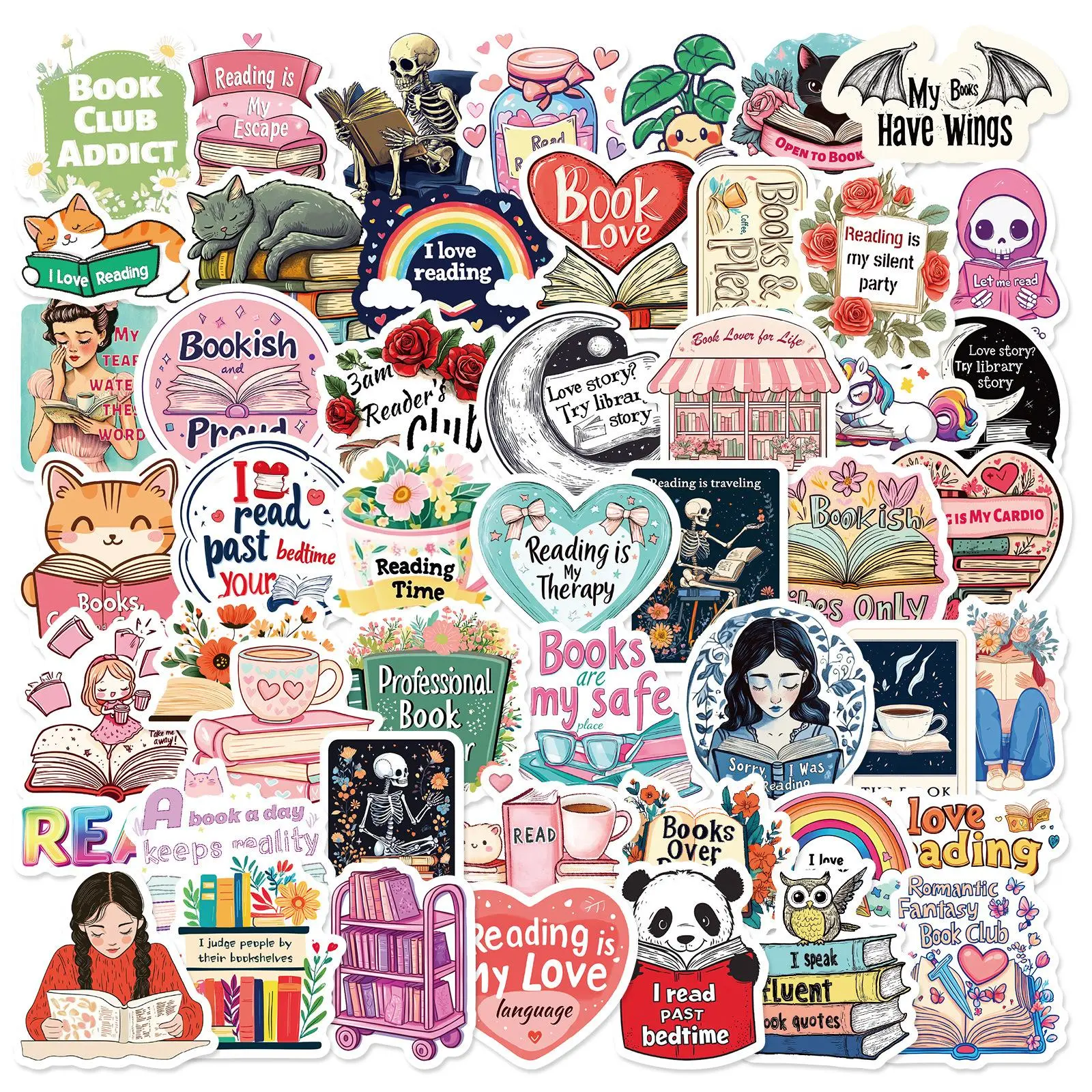 Reading Themed Sticker, 50pcs/set Book & Reading Themed Decorative Sticker, DIY Decals for Water Bottle, Laptop, Phone Case, Scrapbooking, Journal Making, Screen Protector