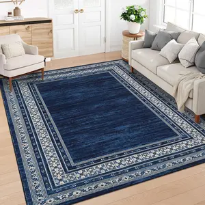 【GARVEE】Modern Machine Washable Rugs 8x10, Soft Thin Geometric Rugs for Bedroom Living Room, Non Slip Accent Large Carpet, Low Pile Non Shedding Floor Cover for Dining Room Office Nursery, Blue