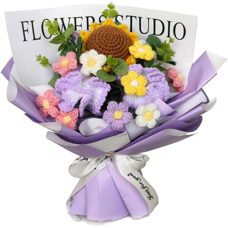 Crochet Flowers, Crochet Flower Bouquet, Sunflower, Handmade Flowers, Knitted Flowers, Pink Roses, Carnation, Tulip, Preserved Flower for Mother's Day, Valentine's Day, Birthday