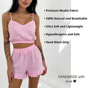 Pajamas & Loungewear Nightwear Womenswear 2-Piece Ruffled Muslin Loungewear Set – Cropped Top & Shorts, Handmade, Soft & Natural Comfort Homewear Pjs Cotton Chic Comfortable Feminine Flowy Gorgeous Lingerie Love