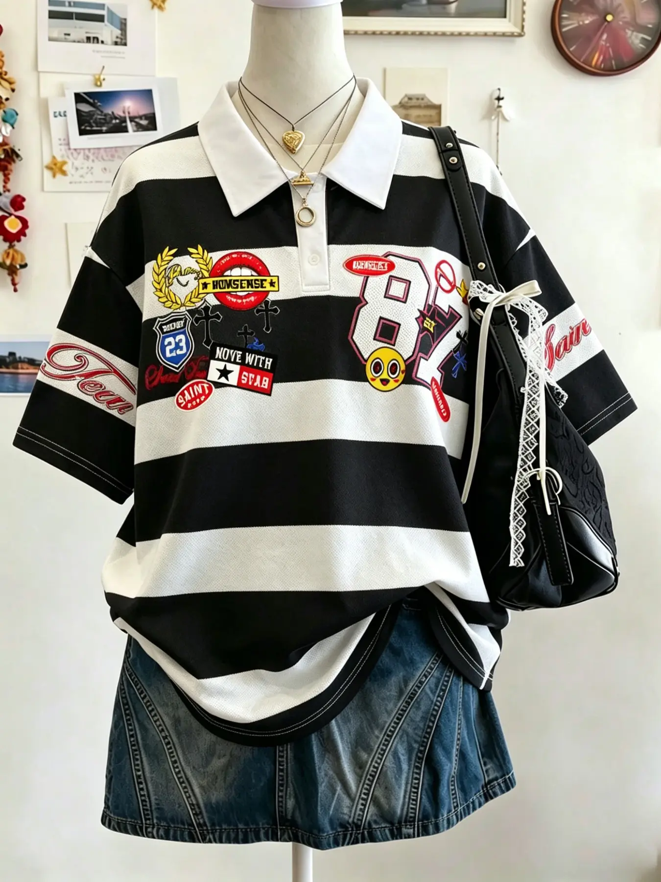 Women's Casual Short Sleeve Polo Collar T-Shirt, Casual Polo Shirts, Loose-Fitting Oversized Baggy College Style Printed Striped Top, All Seasons Fashion
