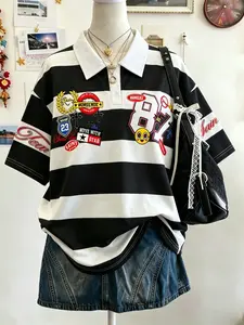 American Badge Stripe Boxy Polo Shirt, Y2K Casual Style Mesh Breathable Short Sleeve, Striped Graphic Print, Retro Sports Jacket Look, Streetwear Fashion