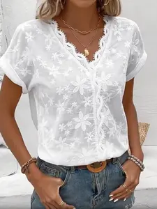 Elegant Women's Semi-Transparent Commuter Top, Casual Embroidered Blouse, Loose Fit Shirt, Comfortable Solid Color T-Shirt for Ladies