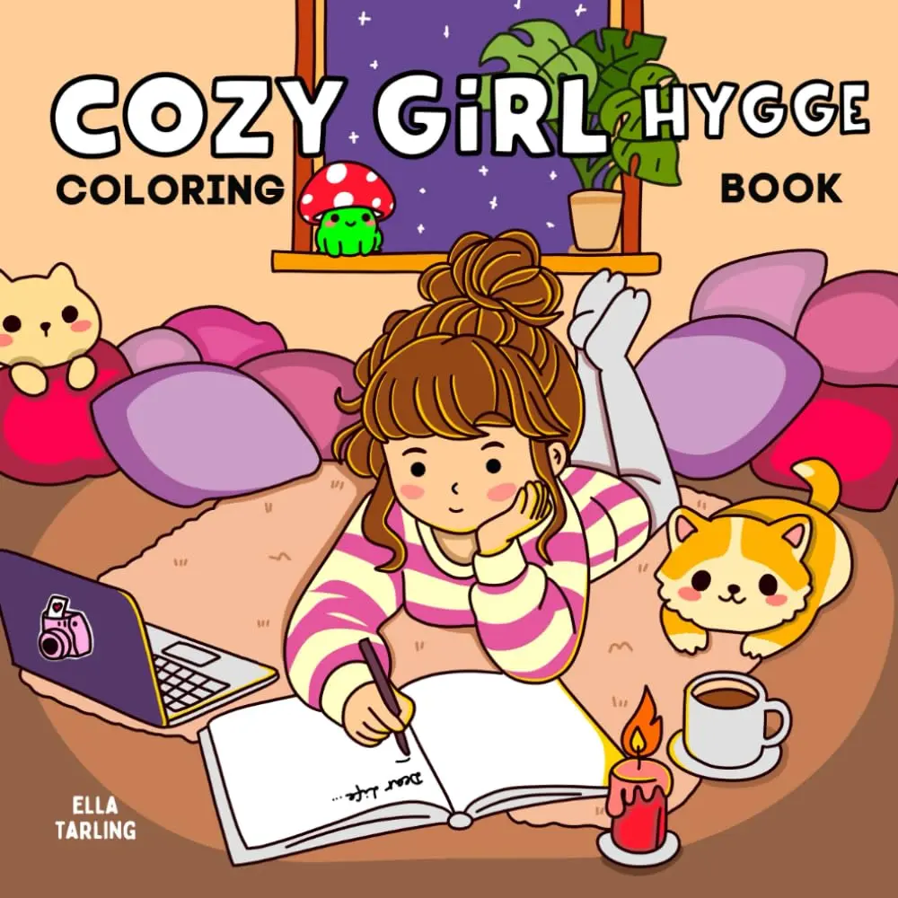 Hygge Cozy Unisex Kids' Activity Coloring Book - 40 Simple Designs, Cute Moments, Adorable Pets, Bold Easy Pages for 3+ Years Girls, Relaxing Creative Play to Boost Creativity