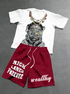 Men's Summer Cyberpunk Graffiti Print Short Sleeve Set, Menswear, Street Style Casual Fashion, Perfect for Exhibition and Outdoors