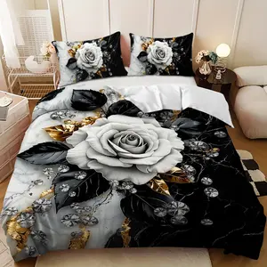 Bedding 3-piece set - 3PCS,Black, White and Gold Marble Pattern Floral Decor Down Comforter Set (1 comforter cover + 2 pillowcases, filling not included) -soft and comfortable, suitable for family bedrooms.