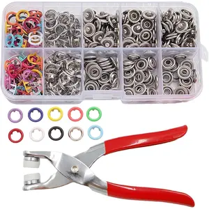 Sewing Kit with 100PCS Metal Buttons, Metal Snap Buttons with Fastener Pliers Press Tool Kit, Five Prong Buckle Set, 100PCS Invisible Colored Metals Buckle & Manual Pressure Pliers Kit`